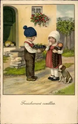 Künstler Ak Ebner, Pauli, Kinder, Früchte, Hund, Schlafende Katze