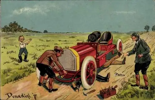 Künstler Ak Donadini jr., Autopanne, Automobil auf der Straße wird repariert