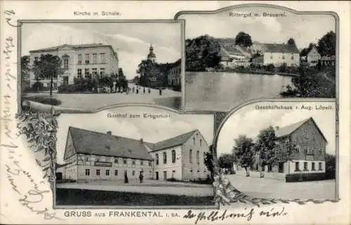 Ak Frankenthal in der Lausitz Sachsen, Kirche, Schule, Gasthof zum Erbgericht, Rittergut, Brauerei