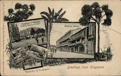 Ak Singapore Singapur , Vorderseite mit Bankgebäude, Straßenszene, Fahrzeuge in Singapur