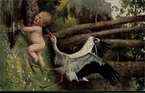 Künstler Ak Riesen, A. von, Ich will nicht, Storch, Baby