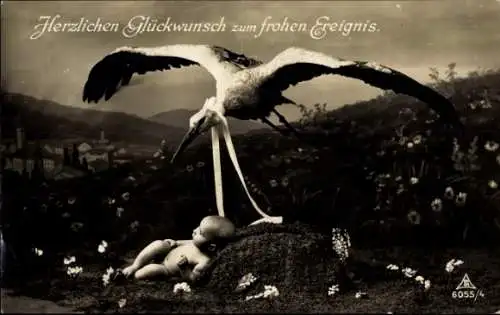 Ak Glückwunsch Geburt, Storch, Baby