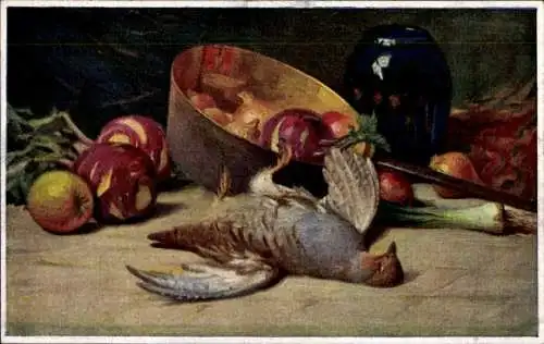 Ak Erlegter Vogel, Früchte, Kochtopf, Gemüse