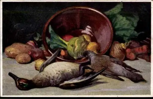Ak Erlegter Vogel, Schale, Kochtopf, Gemüse
