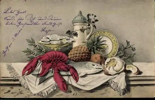 Ak Hummer, Ananas, Kanne, Teller, Essen