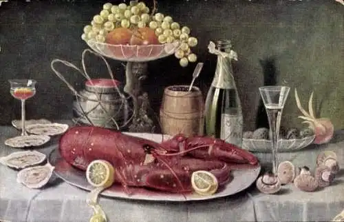 Künstler Ak Stillleben, Hummer, Champagner, Austern, Champignons, Weintrauben