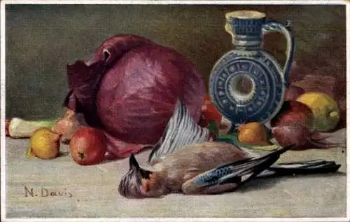 Künstler Ak Davis, N., Erlegter Vogel, Eichenhäher, Gemüse, Früchte