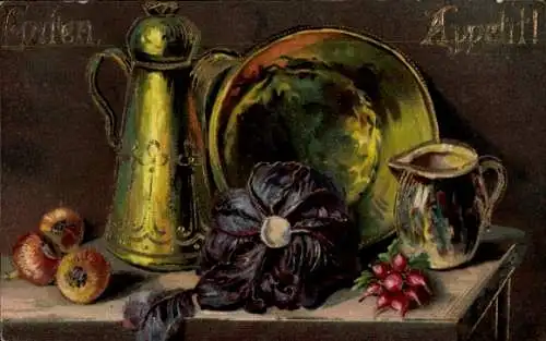 Präge Ak Guten Appetit, Früchte, Gemüse, Schale, Kanne