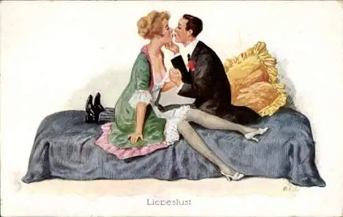 Künstler Ak Liebespaar, Kuss, Liebeslust