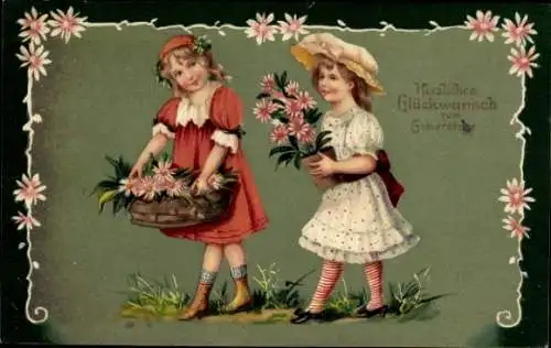 Präge Ak Glückwunsch Geburtstag, Zwei Mädchen mit Blumen