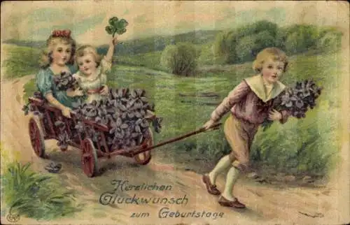 Ak Glückwunsch Geburtstag, Kinder, Karren, Veilchen