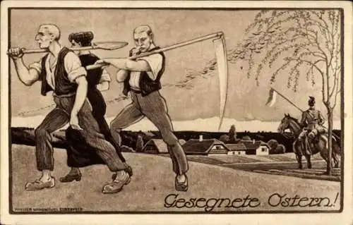 Ak Glückwunsch Ostern, Bauern, Sense, Spaten, Soldat zu Pferde