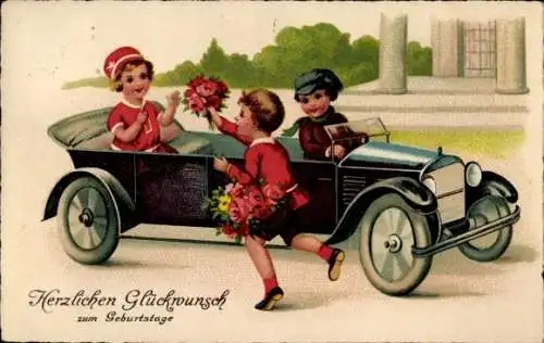 Ak Glückwunsch Geburtstag, Kinder im Auto, Blumen