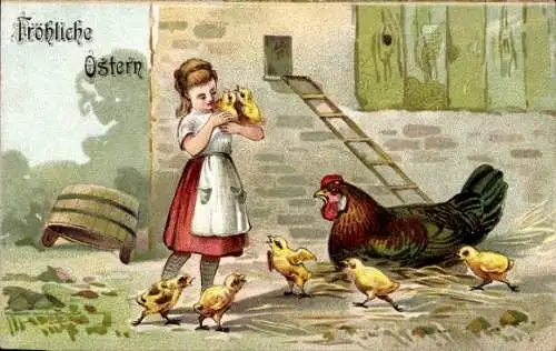 Präge Ak Glückwunsch Ostern, Mädchen, Küken, Huhn