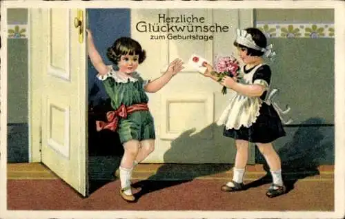 Ak Glückwunsch Geburtstag, Kinder, Dienstmädchen, Blumenstrauß