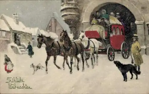 Ak Glückwunsch Weihnachten, Kutsche, Pferde, Passanten, Hunde