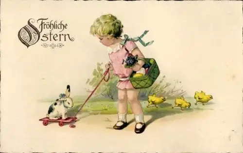 Ak Glückwunsch Ostern, Mädchen, Korb, Ostereier, Küken