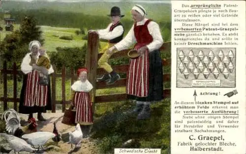 Ak Menschen in schwedischen Trachten, Hühner, Werbung, Fabrik gelochter Bleche C. Graepel
