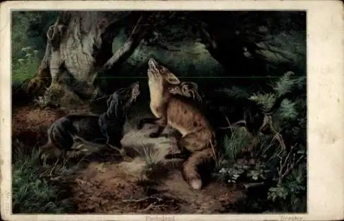 Künstler Ak Fuchsjagd, Dackel und Fuchs im Wald, Jagd