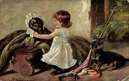 Künstler Ak Mädchen betrachtet sich im Spiegel, Hund, Puppe