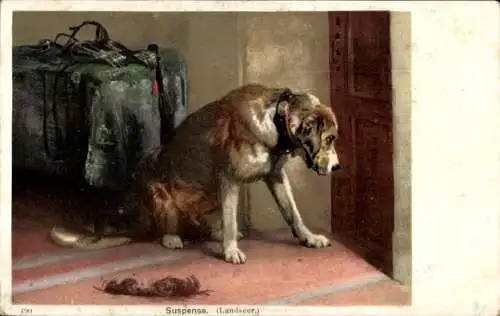 Künstler Ak Landseer, Hund wartet an der Tür, Gepäck