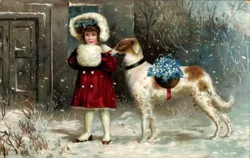Ak Glückwunsch Neujahr, Mädchen mit Hund, Schnee