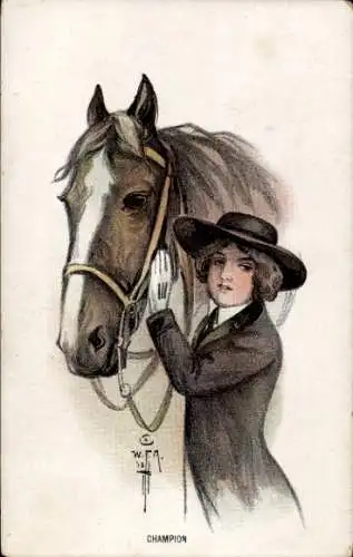 Künstler Ak Frau mit Pferd, Champion, Portrait