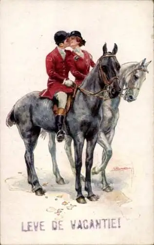 Künstler Ak Usabal, Luis, Reiterpaar, Liebespaar auf Pferden beim Kuss