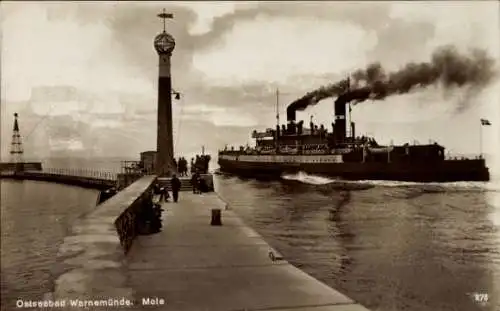 Ak Ostseebad Warnemünde Rostock, Mole, Dampfschiff