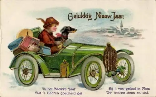 Glitzer Ak Glückwunsch Neujahr, Kind mit Hund im Auto, Geschenke