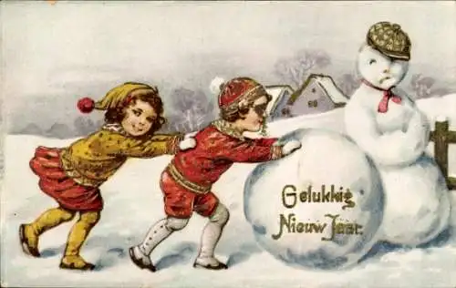 Glitzer Ak Glückwunsch Neujahr, Kinder, Schneemann