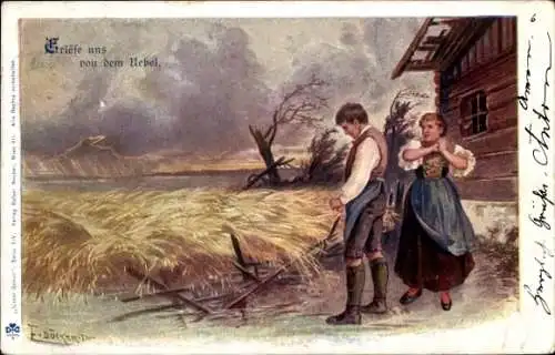 Künstler Litho Döcker, E., Betender Bauer, Bäuerin, Gebet, Erlöse und von dem Uebel