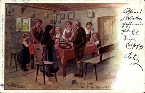 Künstler Ak Döcker, E., Familie beim Tischgebet