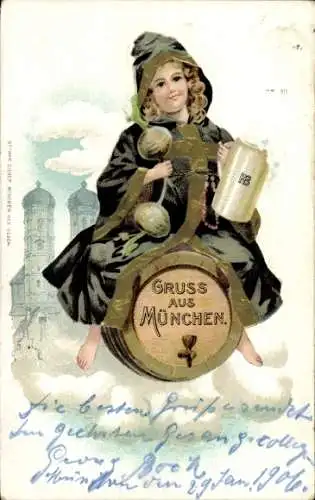 Präge Litho München, Münchner Kindl, Fass, Bierkrug