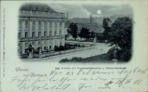 Mondschein Ak Ansbach in Mittelfranken Bayern, Schloss, Prinzenschlösschen, Platen-Denkmal