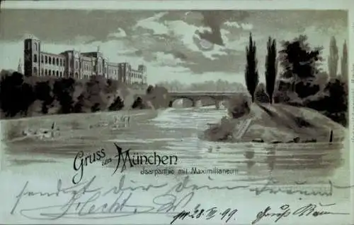 Mondschein Litho München, Isarpartie, Maximilianeum