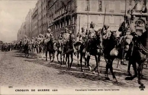 CPA La Guerre 1914, Cavaliers indiens avec leurs lances