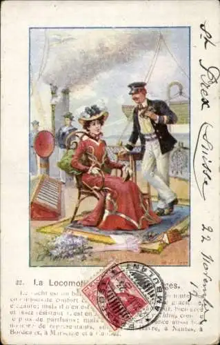 Ak Paar, Frau in rotem Kleid, Seemann mit Fernglas, Dampfer