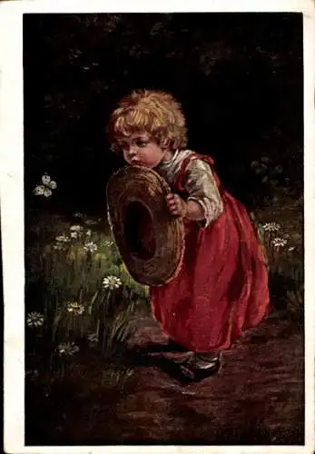 Künstler Ak Mädchen mit Hut in den Händen, Schmetterling