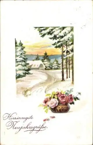Ak Glückwunsch Neujahr, Blumen, Rosen, Schnee, Tannenbäume