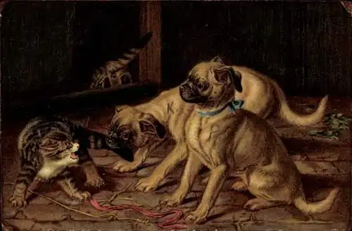 Künstler Ak Hund beißt die Katze in den Schwanz, Streit