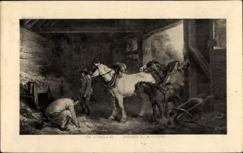 Künstler Ak Im Stalle, Bauern im Pferdestall, Pferde, Schubkarre, Zaumzeug