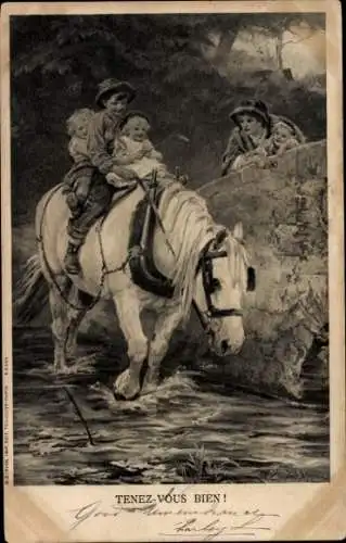 Künstler Ak Kinder auf einem Pferd, Steinbrücke