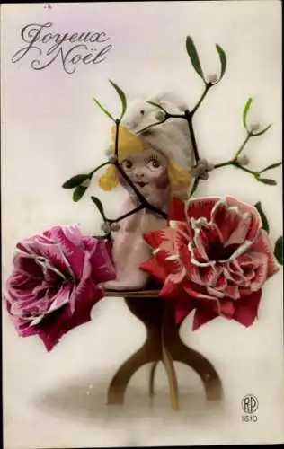 Ak Frohe Weihnachten, Puppe, Rosen