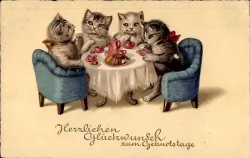 Litho Glückwunsch Geburtstag, Katzen, Teestunde