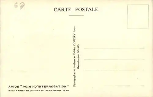 Ak Avion Point d'Interrogation, Raid Paris New York, 2 Sept 1930, Biplan