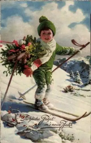 Ak Glückwunsch Neujahr, Knabe, Ski