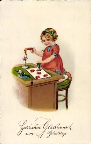 Litho Glückwunsch Geburtstag, Mädchen mit Brief