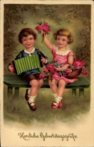Ak Glückwunsch Geburtstag, Blumen, Kinder