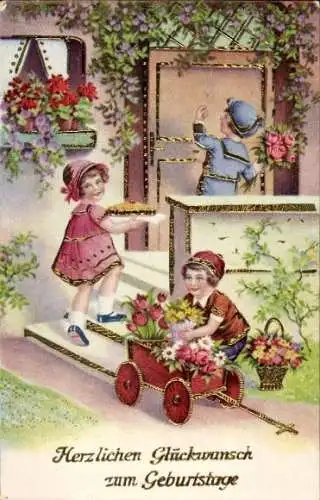 Glitzer Ak Glückwunsch Geburtstag, Kinder, Blumen